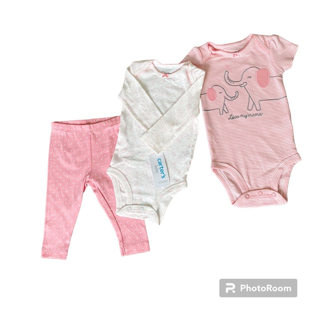 Baby girl carters three piece set, 6 months, two shirts one bottom set.
